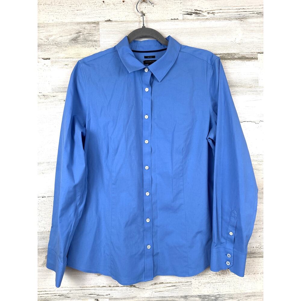 Talbots Womens 12 Blue Perfect Non Iron Button Up Shirt Work Casual Blouse Shirt